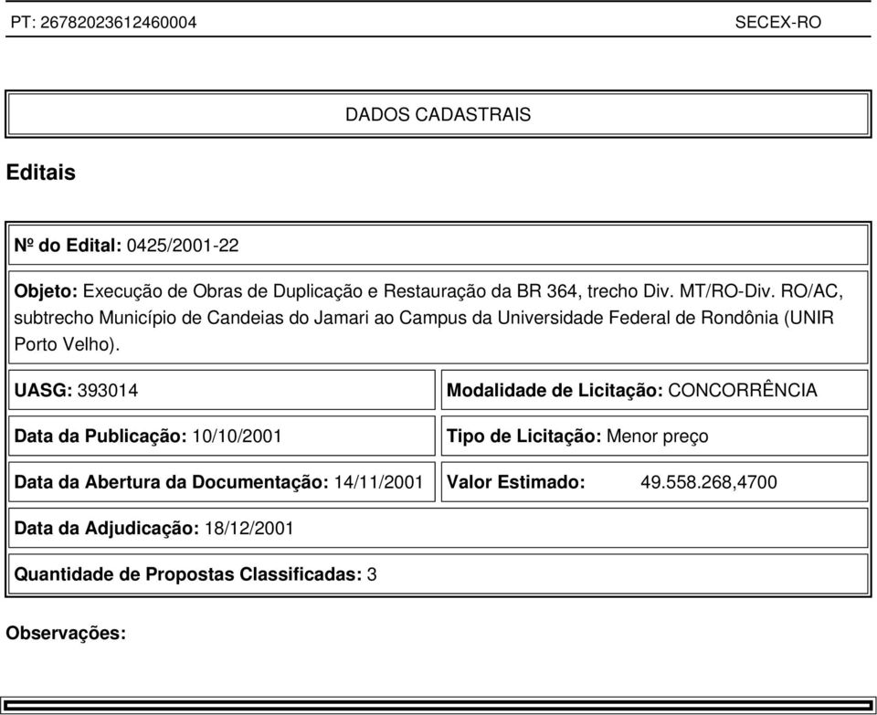 UASG: 393014 Data da Publicação: 10/10/2001 Modalidade de Licitação: CONCORRÊNCIA Tipo de Licitação: Menor preço Data da Abertura da