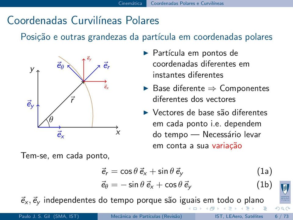 Vectores de base são diferentes em cada ponto i.e. dependem do tempo Necessário levar em conta a sua variação e r = cos θ e x + sin θ e y e θ = sin θ e x + cos θ