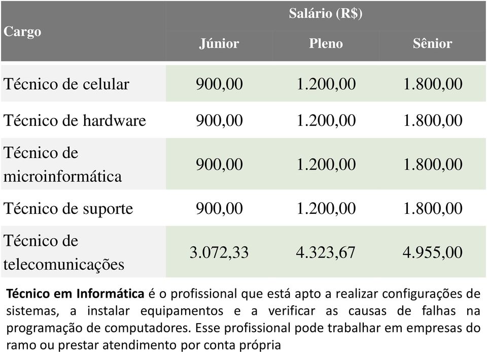 955,00 Técnico em Informática é o profissional que está apto a realizar configurações de sistemas, a instalar equipamentos e a verificar