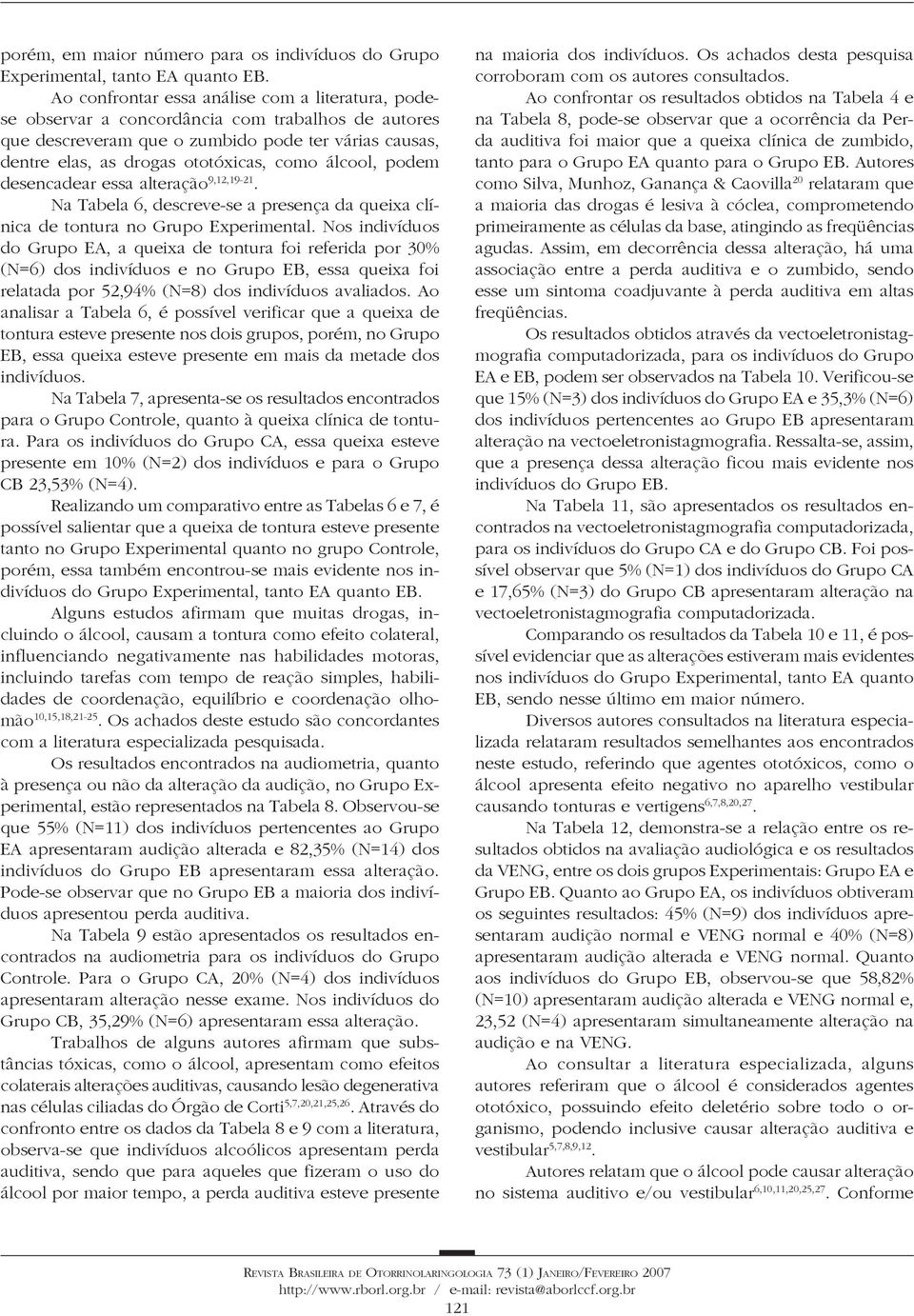 álcool, podem desencadear essa alteração 9,12,19-21. Na Tabela 6, descreve-se a presença da queixa clínica de tontura no Grupo Experimental.