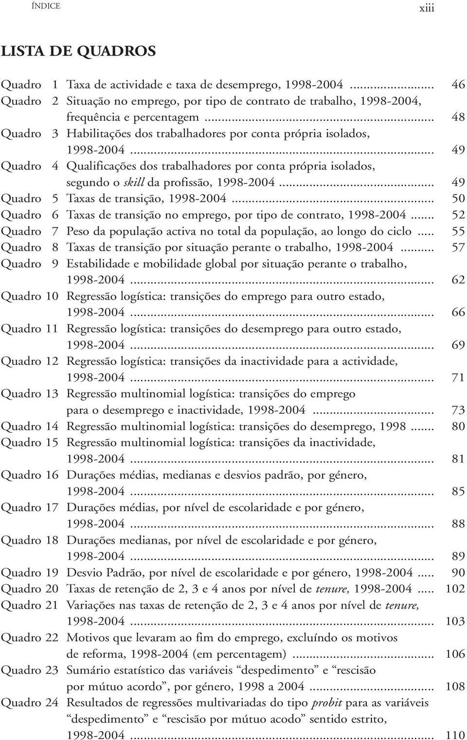 .. 49 Quadro 5 Taxas de transição, 1998-2004... 50 Quadro 6 Taxas de transição no emprego, por tipo de contrato, 1998-2004.