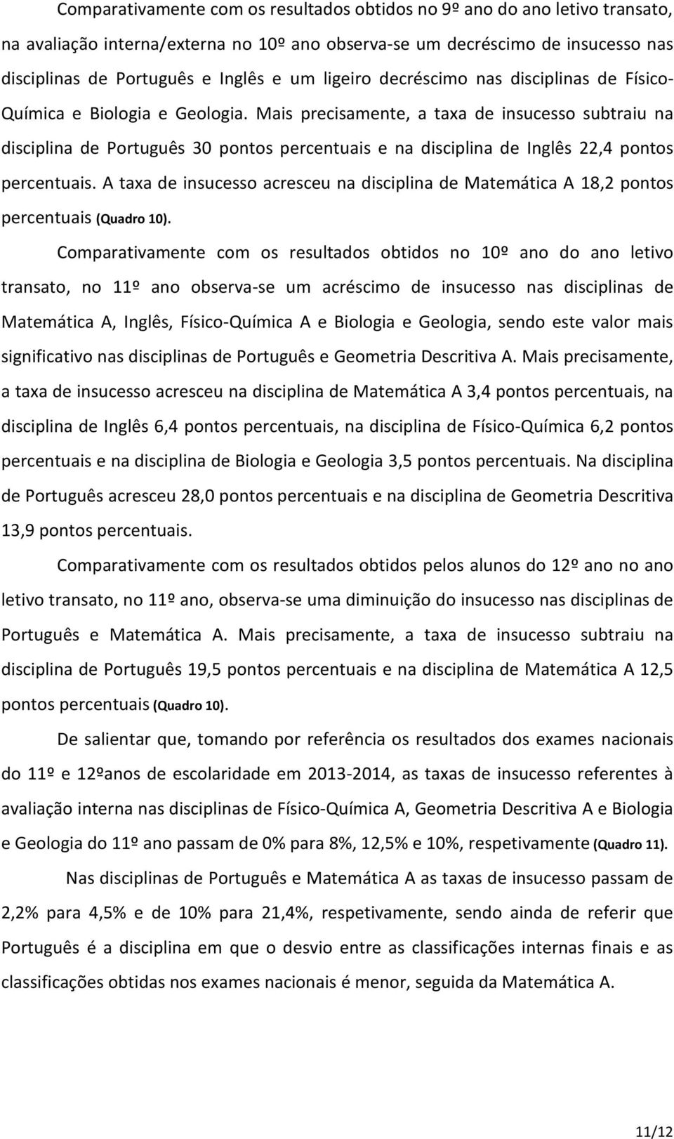 Mais precisamente, a taxa de insucesso subtraiu na disciplina de Português 30 pontos percentuais e na disciplina de Inglês 22,4 pontos percentuais.