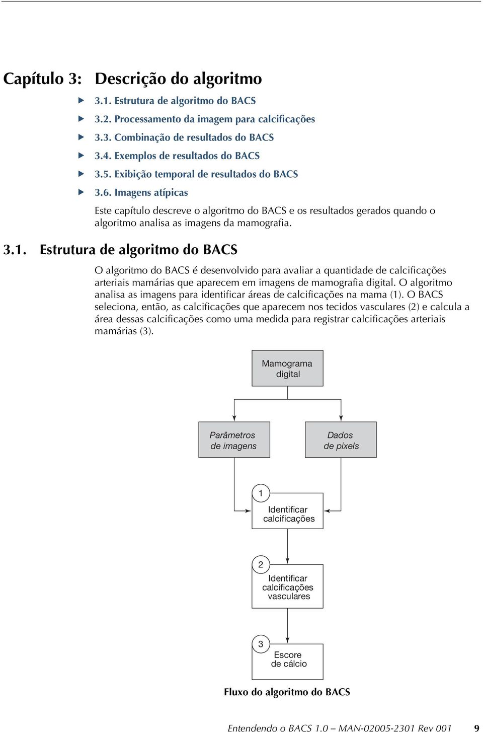 Estrutura de algoritmo do BACS O algoritmo do BACS é desenvolvido para avaliar a quantidade de calcificações arteriais mamárias que aparecem em imagens de mamografia digital.