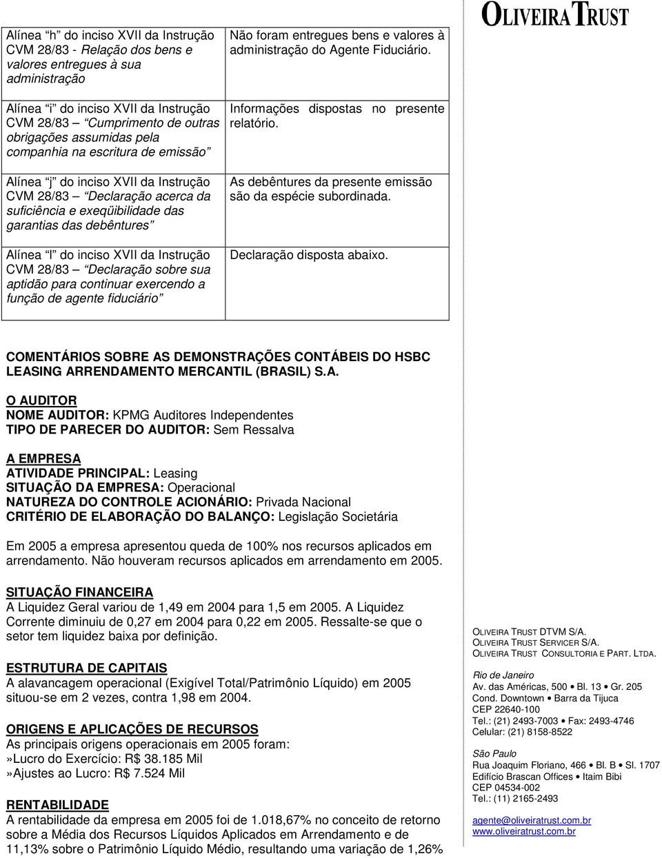 Instrução CVM 28/83 Declaração sobre sua aptidão para continuar exercendo a função de agente fiduciário Não foram entregues bens e valores à administração do Agente Fiduciário.