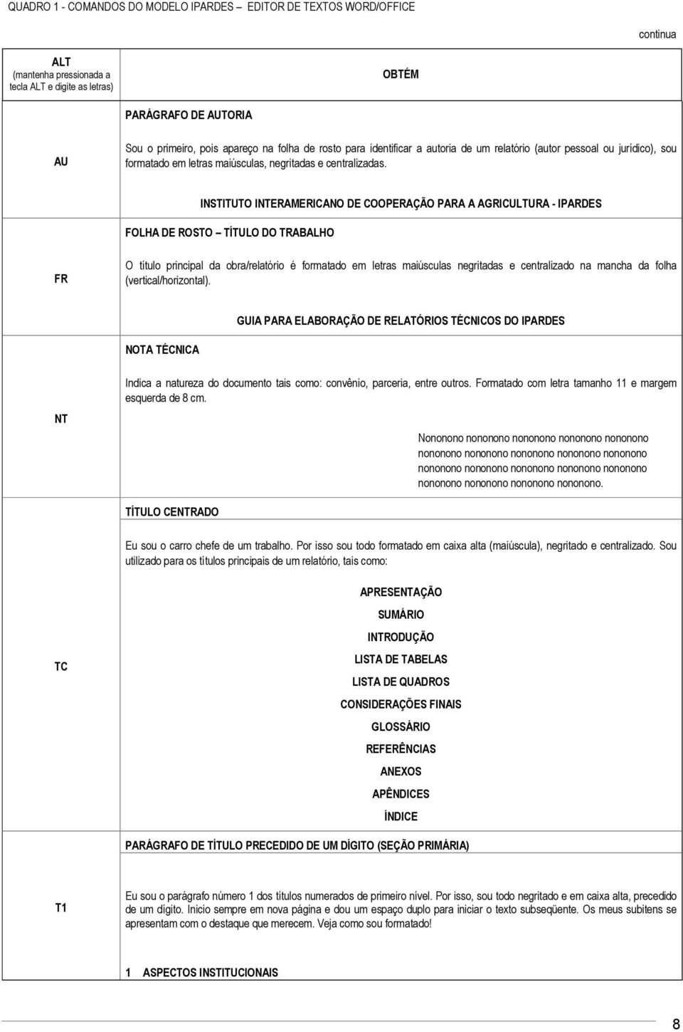 INSTITUTO INTERAMERICANO DE COOPERAÇÃO PARA A AGRICULTURA - IPARDES FOLHA DE ROSTO TÍTULO DO TRABALHO FR O título principal da obra/relatório é formatado em letras maiúsculas negritadas e