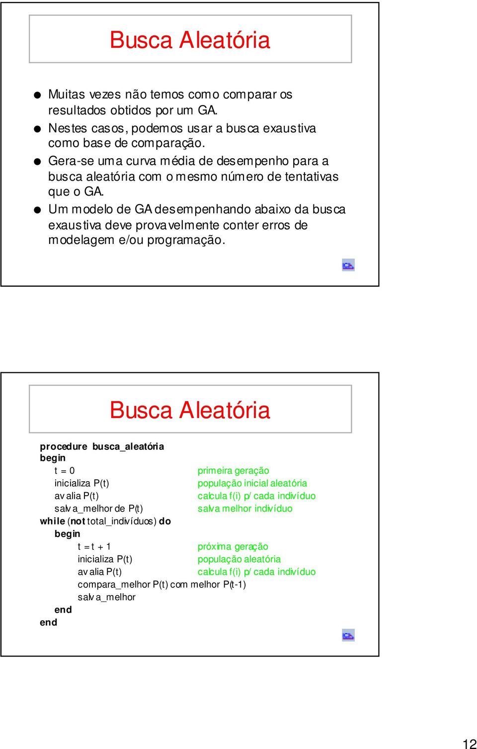 Um modelo de GA desempenhando abaixo da busca exaustiva deve provavelmente conter erros de modelagem e/ou programação.