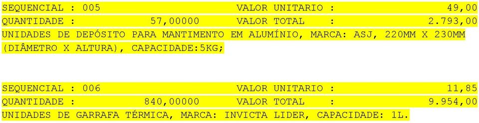 (DIÂMETRO X ALTURA), CAPACIDADE:5KG; SEQUENCIAL : 006 VALOR UNITARIO : 11,85 QUANTIDADE