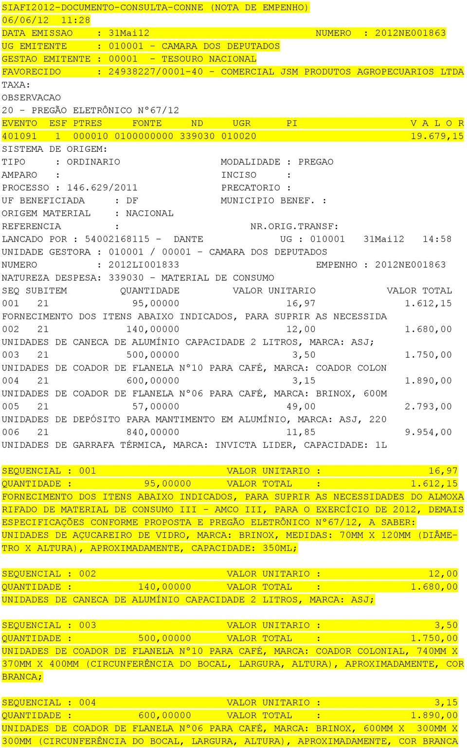 629/2011 PRECATORIO : LANCADO POR : 54002168115 - DANTE UG : 010001 31Mai12 14:58 UNIDADE GESTORA : 010001 / 00001 - CAMARA DOS DEPUTADOS NUMERO : 2012LI001833 EMPENHO : 2012NE001863 NATUREZA