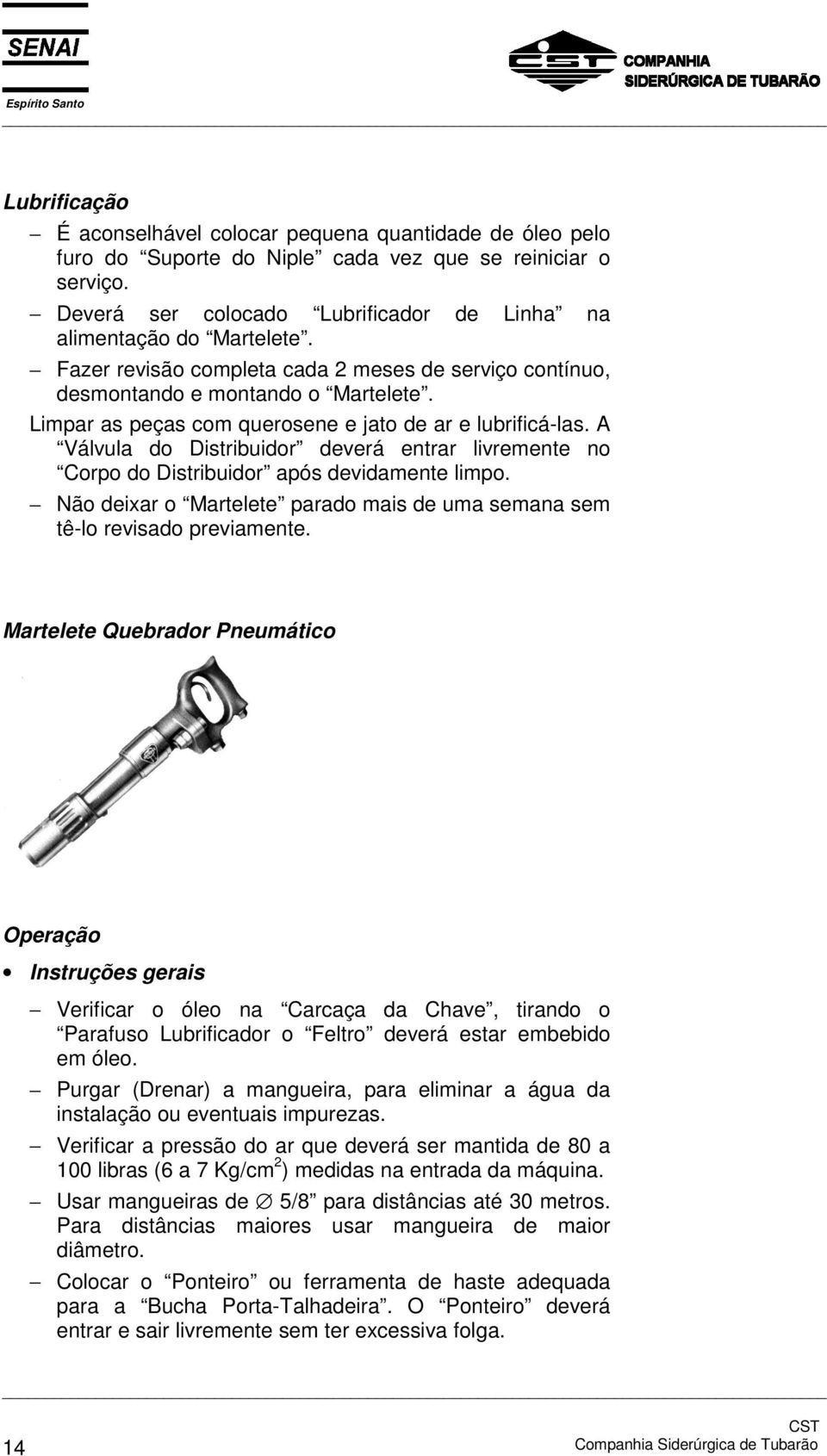 A Válvula do Distribuidor deverá entrar livremente no Corpo do Distribuidor após devidamente limpo. Não deixar o Martelete parado mais de uma semana sem tê-lo revisado previamente.