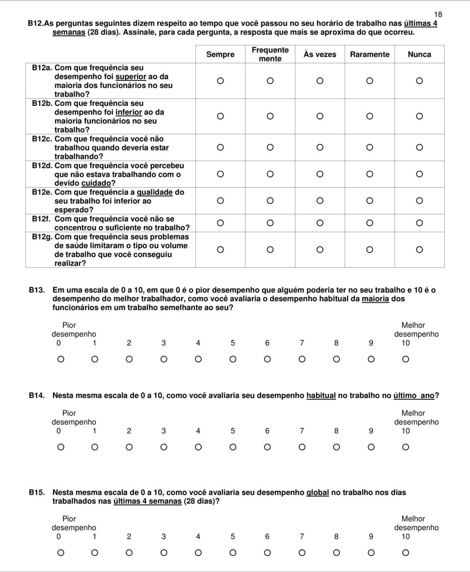 Com que frequência seu desempenho foi inferior ao da maioria funcionários no seu trabalho? B12c. Com que frequência você não trabalhou quando deveria estar trabalhando? B12d.