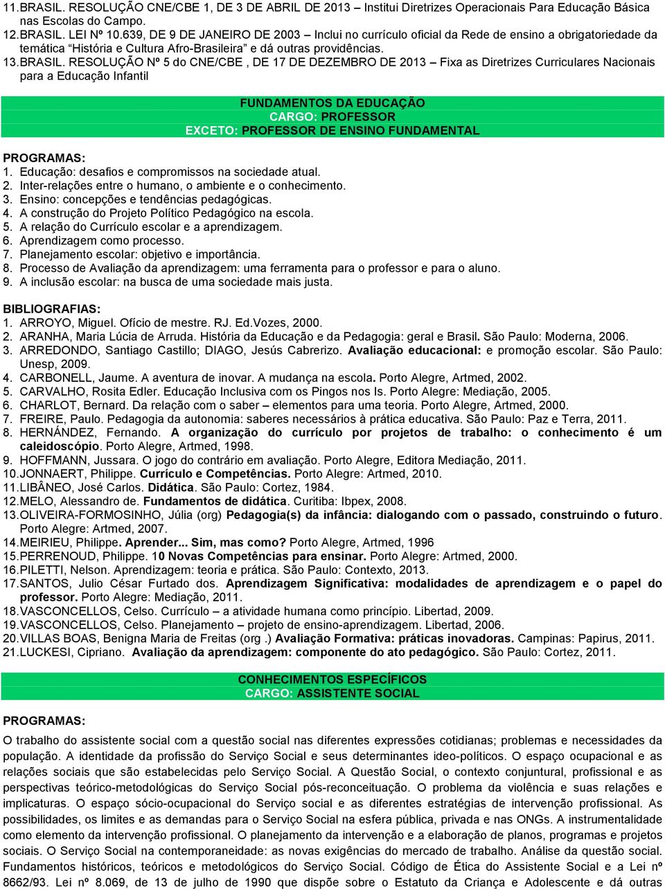 RESOLUÇÃO Nº 5 do CNE/CBE, DE 17 DE DEZEMBRO DE 2013 Fixa as Diretrizes Curriculares Nacionais para a Educação Infantil FUNDAMENTOS DA EDUCAÇÃO CARGO: PROFESSOR EXCETO: PROFESSOR DE ENSINO