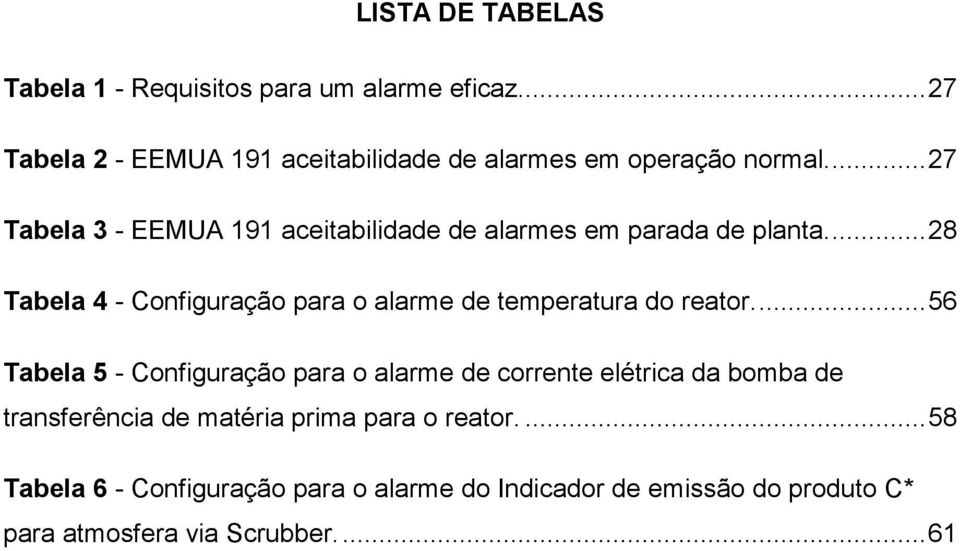 ... 27 Tabela 3 - EEMUA 191 aceitabilidade de alarmes em parada de planta.