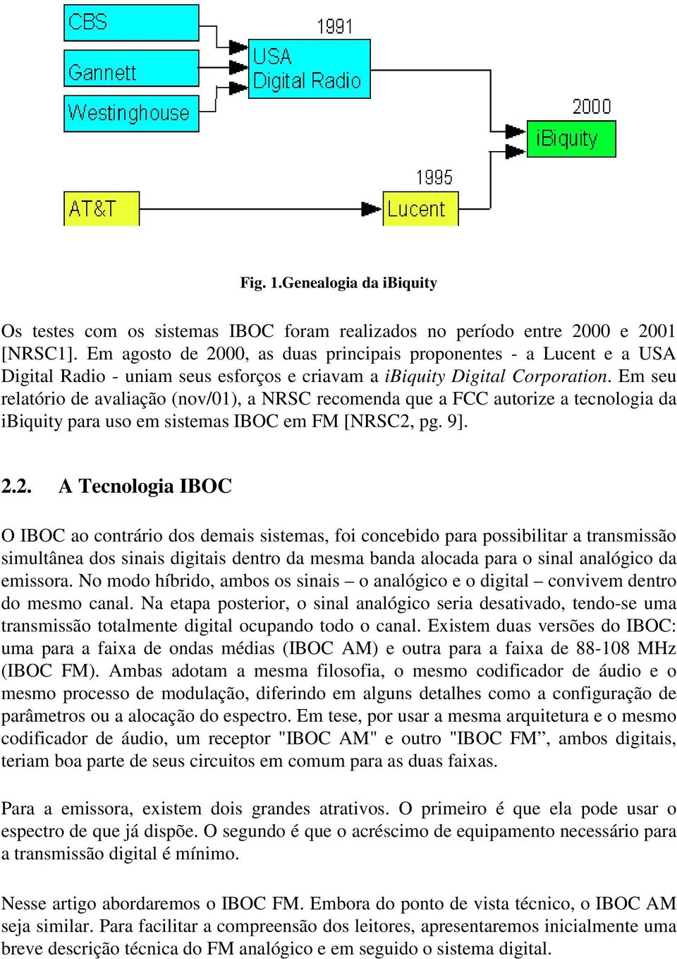 Em seu relatório de avaliação (nov/01), a NRSC recomenda que a FCC autorize a tecnologia da ibiquity para uso em sistemas IBOC em FM [NRSC2,