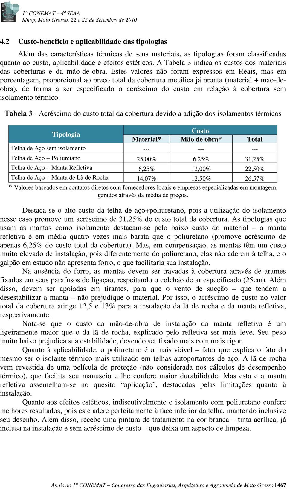 Estes valores não foram expressos em Reais, mas em porcentagem, proporcional ao preço total da cobertura metálica já pronta (material + mão-deobra), de forma a ser especificado o acréscimo do custo