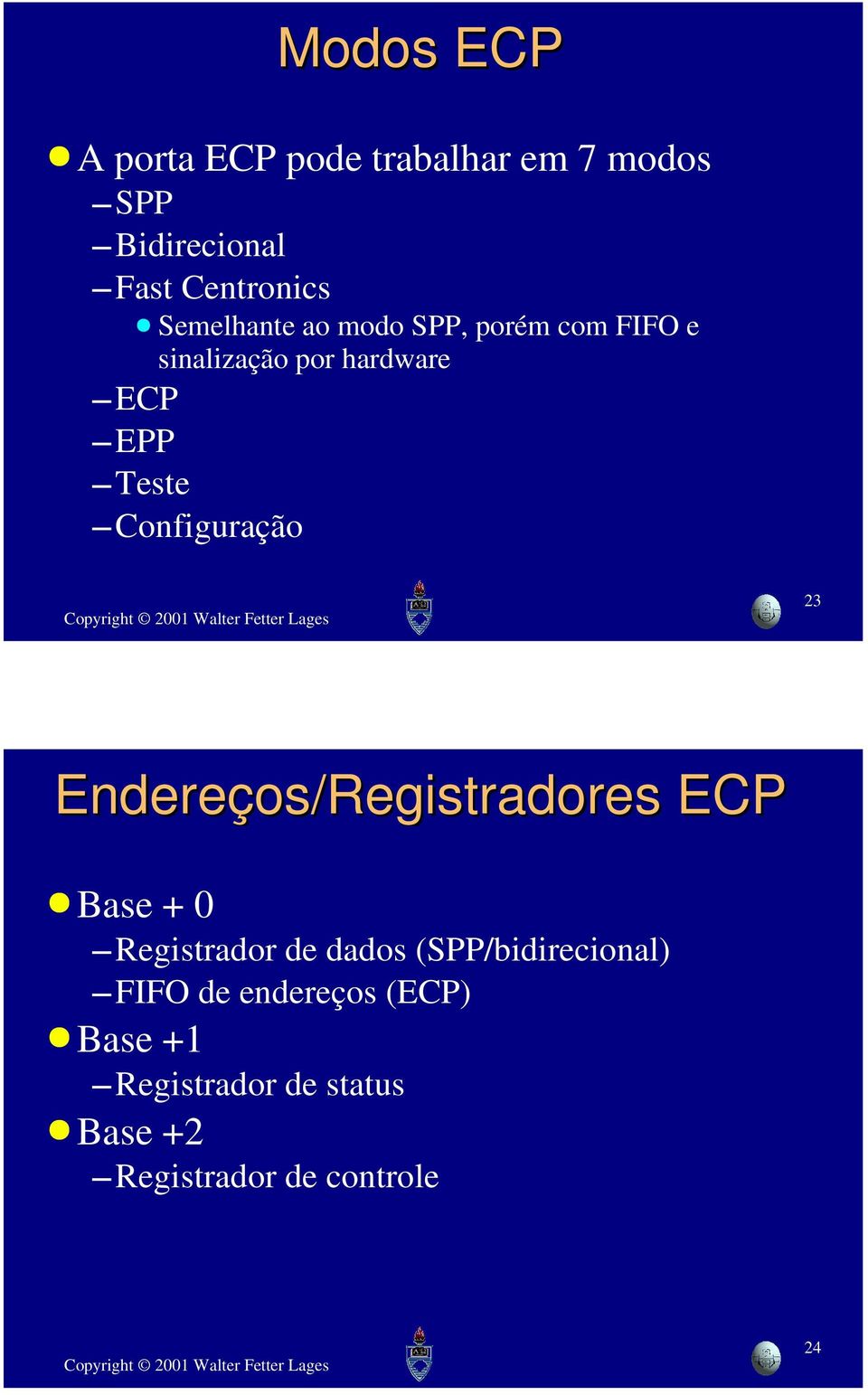 Configuração 23 Endereços/Registradores ECP Base + 0 Registrador de dados