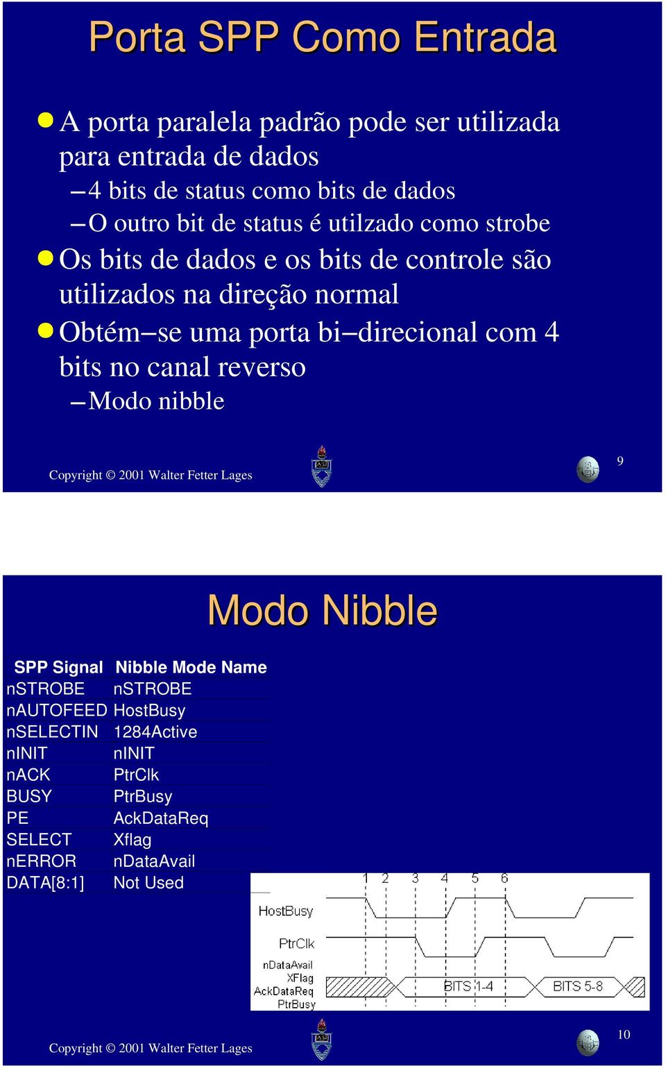 porta bi direcional com 4 bits no canal reverso Modo nibble 9 SPP Signal Nibble Mode Name nstrobe nstrobe nautofeed HostBusy