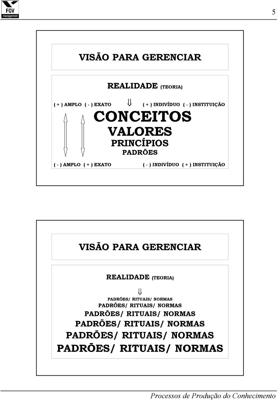 INSTITUIÇÃO VISÃO PARA GERENCIAR REALIDADE (TEORIA) PADRÕES/ RITUAIS/ NORMAS PADRÕES/ RITUAIS/