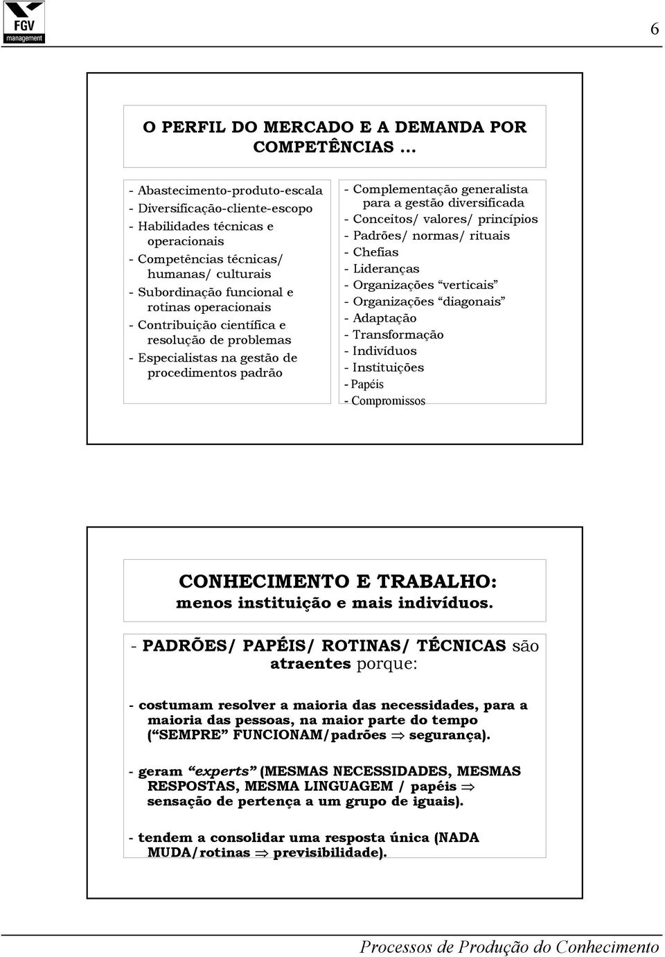 Contribuição científica e resolução de problemas - Especialistas na gestão de procedimentos padrão - Complementação generalista para a gestão diversificada - Conceitos/ valores/ princípios - Padrões/