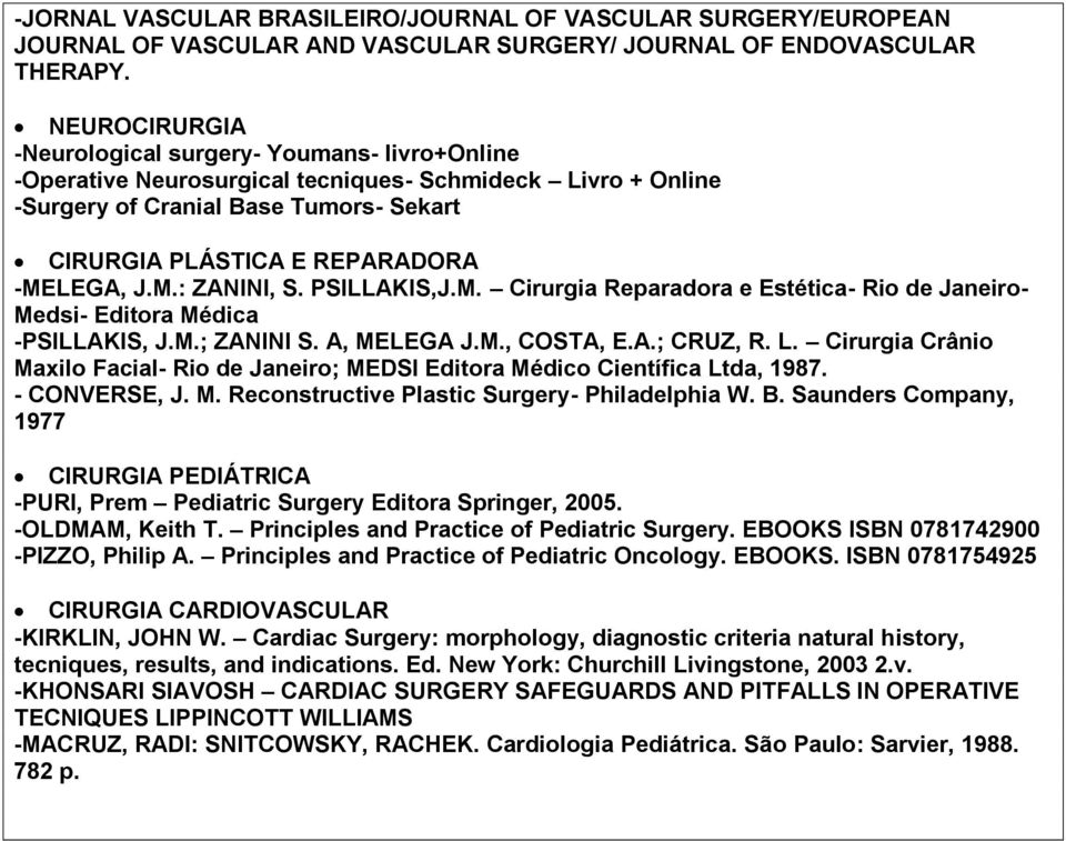 J.M.: ZANINI, S. PSILLAKIS,J.M. Cirurgia Reparadora e Estética- Rio de Janeiro- Medsi- Editora Médica -PSILLAKIS, J.M.; ZANINI S. A, MELEGA J.M., COSTA, E.A.; CRUZ, R. L.