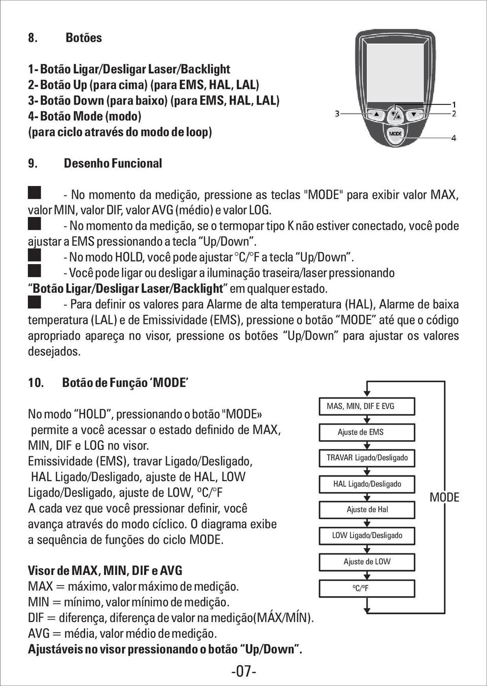 - No momento da medição, se o termopar tipo K não estiver conectado, você pode ajustar a EMS pressionando a tecla Up/Down. - No modo HOLD, você pode ajustar C/ F a tecla Up/Down.