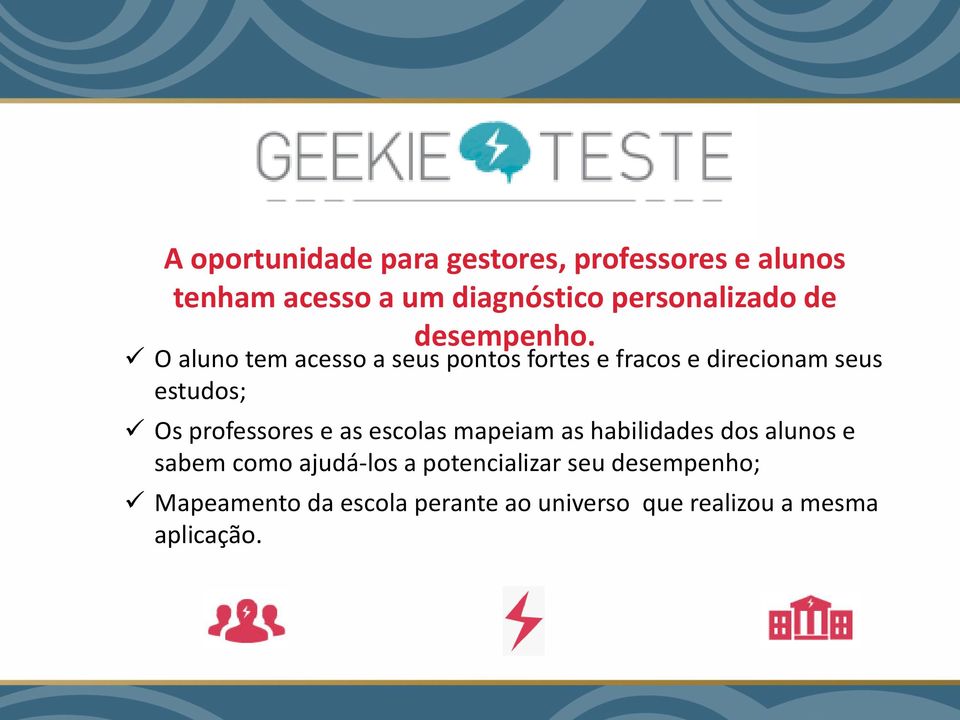 O aluno tem acesso a seus pontos fortes e fracos e direcionam seus estudos; Os professores e