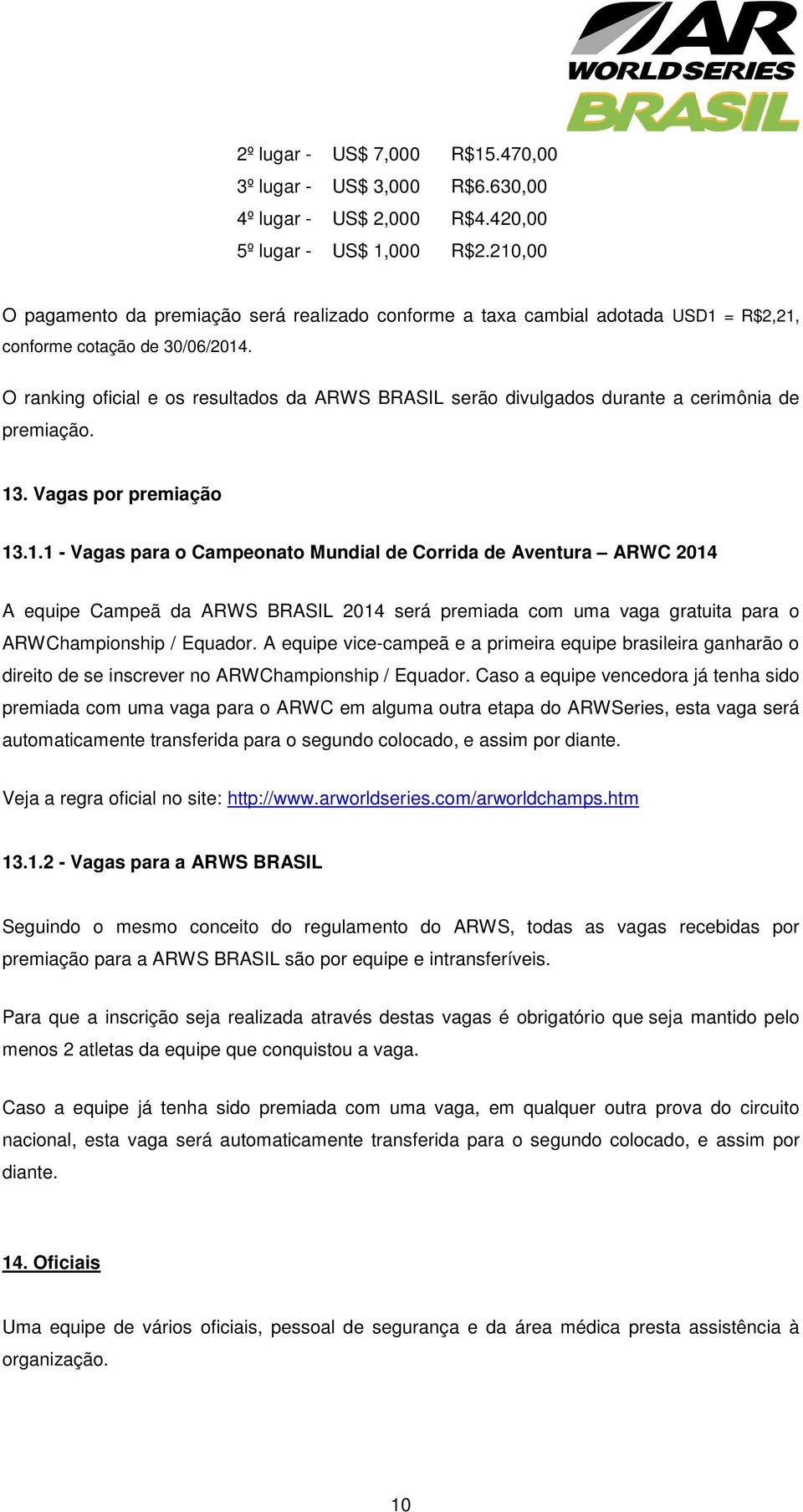 O ranking oficial e os resultados da ARWS BRASIL serão divulgados durante a cerimônia de premiação. 13