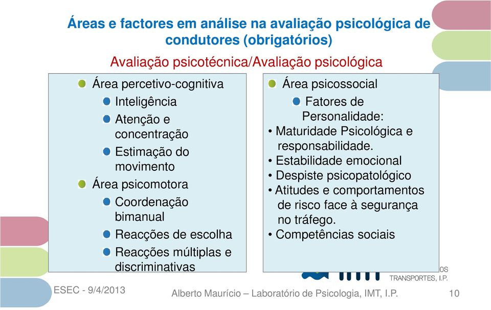 múltiplas e discriminativas Área psicossocial Fatores de Personalidade: Maturidade Psicológica e responsabilidade.