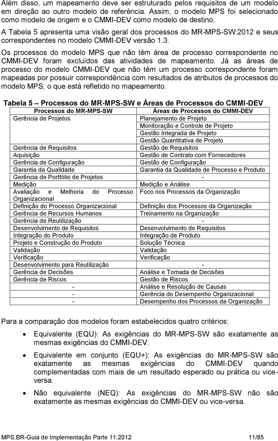 A Tabela 5 apresenta uma visão geral dos processos do MR-MPS-SW:2012 e seus correspondentes no modelo CMMI-DEV versão 1.3.