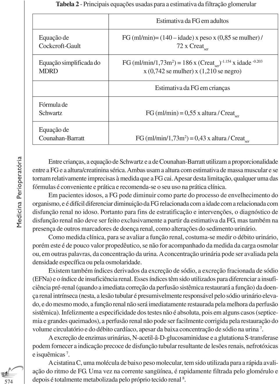 203 MDRD x (0,742 se mulher) x (1,210 se negro) Estimativa da FG em crianças Fórmula de Schwartz Equação de Counahan-Barratt FG (ml/min) = 0,55 x altura / Creat ser FG (ml/min/1,73m 2 ) = 0,43 x