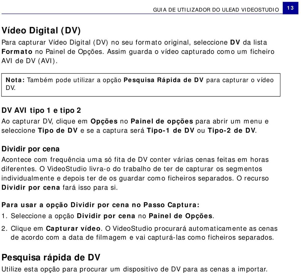 DV AVI tipo 1 e tipo 2 Ao capturar DV, clique em Opções no Painel de opções para abrir um menu e seleccione Tipo de DV e se a captura será Tipo-1 de DV ou Tipo-2 de DV.