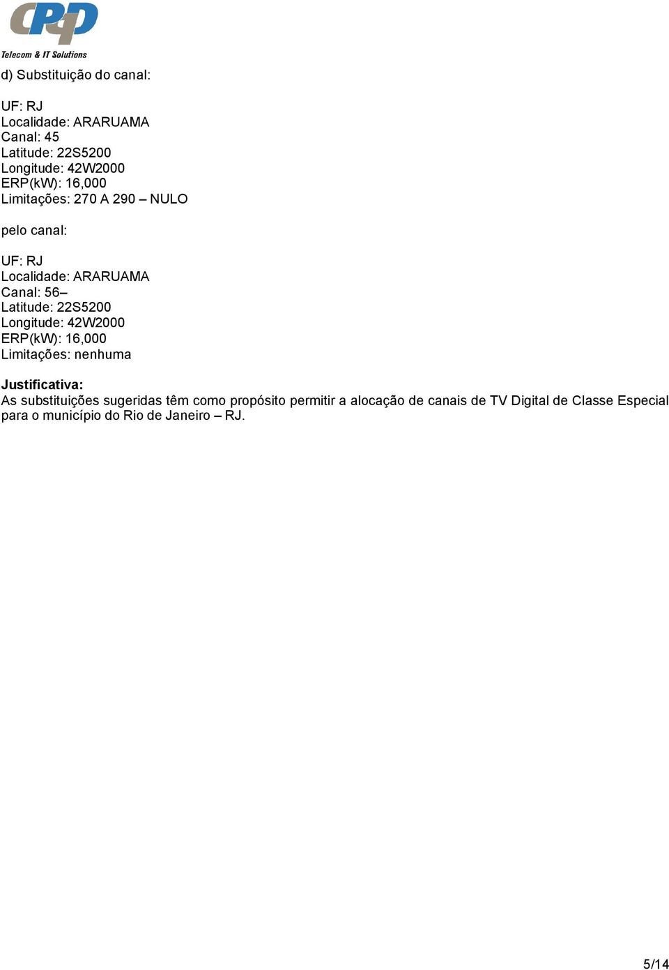 Longitude: 42W2000 ERP(kW): 16,000 Justificativa: As substituições sugeridas têm como propósito