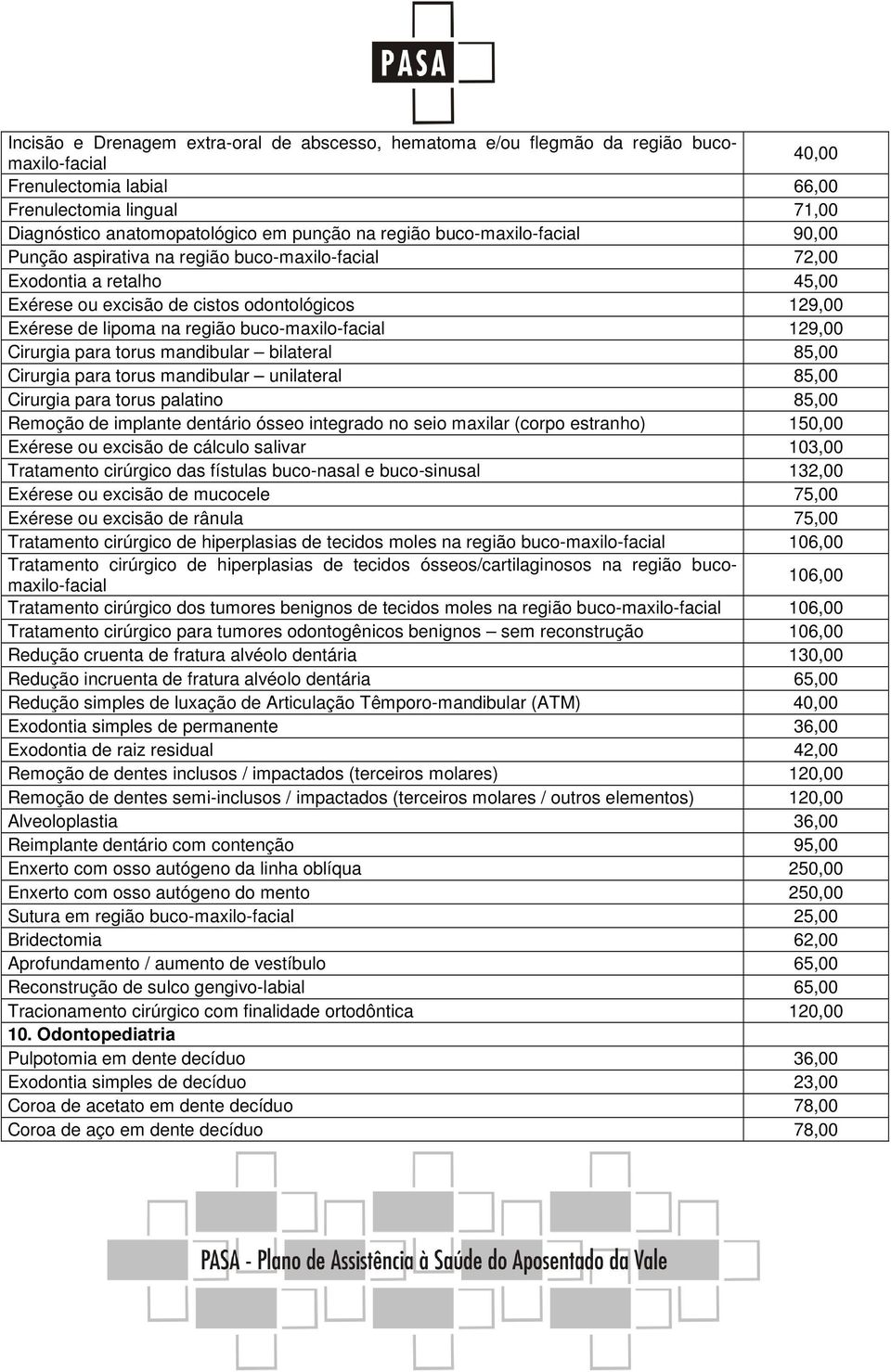 buco-maxilo-facial 129,00 Cirurgia para torus mandibular bilateral 85,00 Cirurgia para torus mandibular unilateral 85,00 Cirurgia para torus palatino 85,00 Remoção de implante dentário ósseo