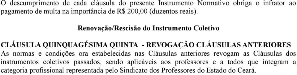 Renovação/Rescisão do Instrumento Coletivo CLÁUSULA QUINQUAGÉSIMA QUINTA - REVOGAÇÃO CLÁUSULAS ANTERIORES As normas e condições ora