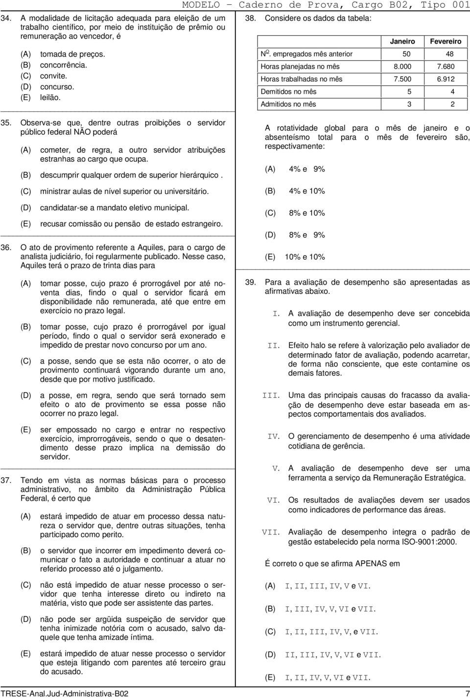 descumprir qualquer ordem de superior hierárquico. MODELO Caderno de Prova, Cargo B02, Tipo 001 38. Considere os dados da tabela: Janeiro Fevereiro N O.