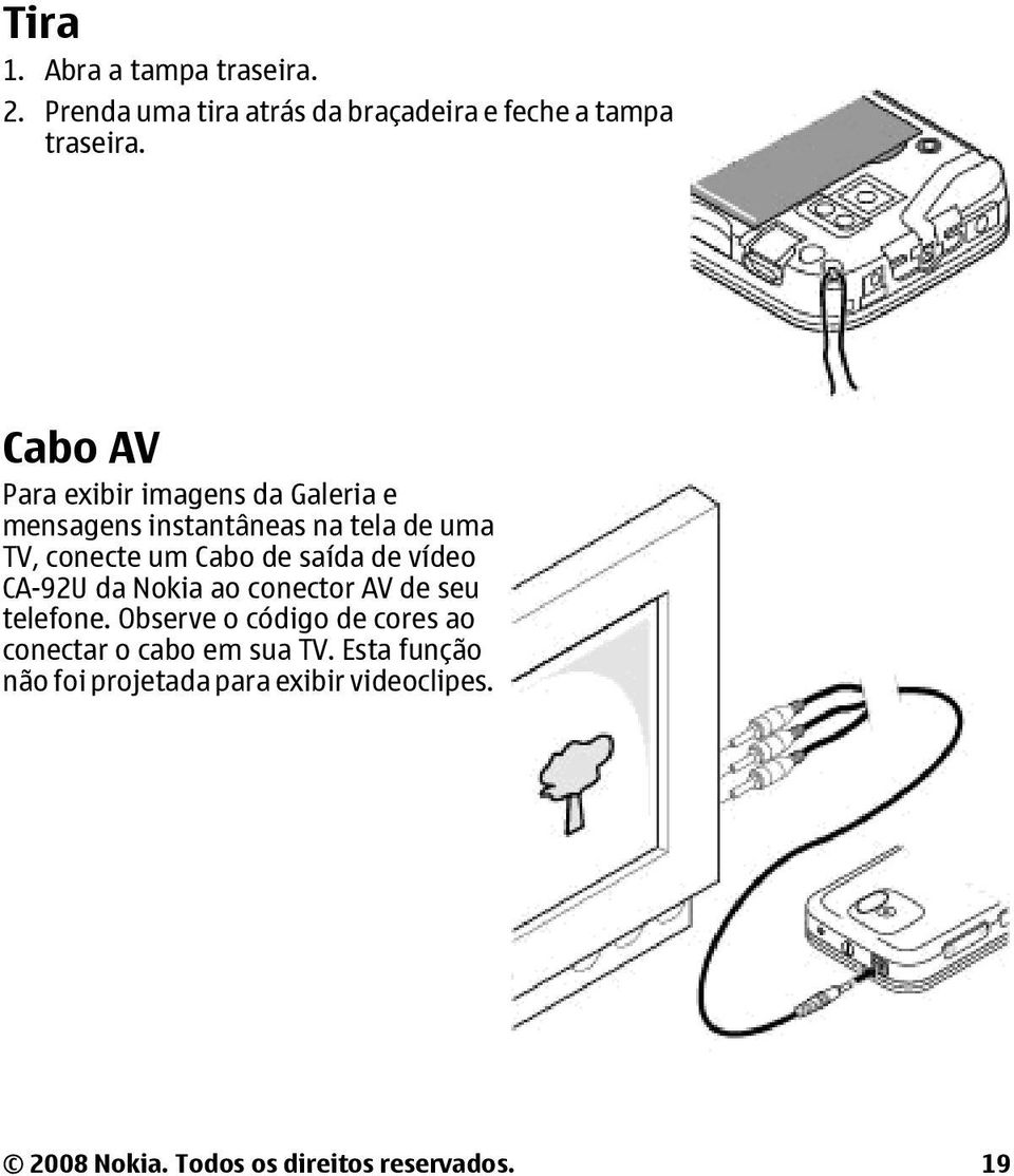 saída de vídeo CA-92U da Nokia ao conector AV de seu telefone.