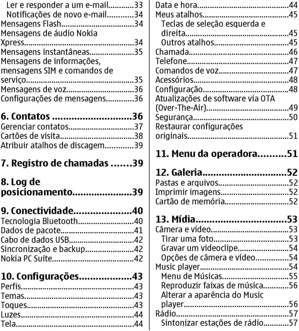 ..38 Atribuir atalhos de discagem...39 7. Registro de chamadas...39 8. Log de posicionamento...39 9. Conectividade...40 Tecnologia Bluetooth...40 Dados de pacote...41 Cabo de dados USB.