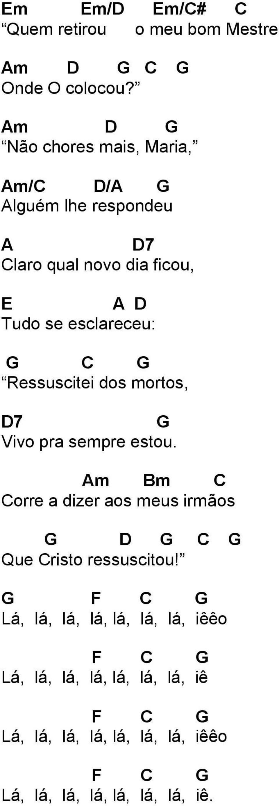 esclareceu: G C G Ressuscitei dos mortos, D7 G Vivo pra sempre estou.