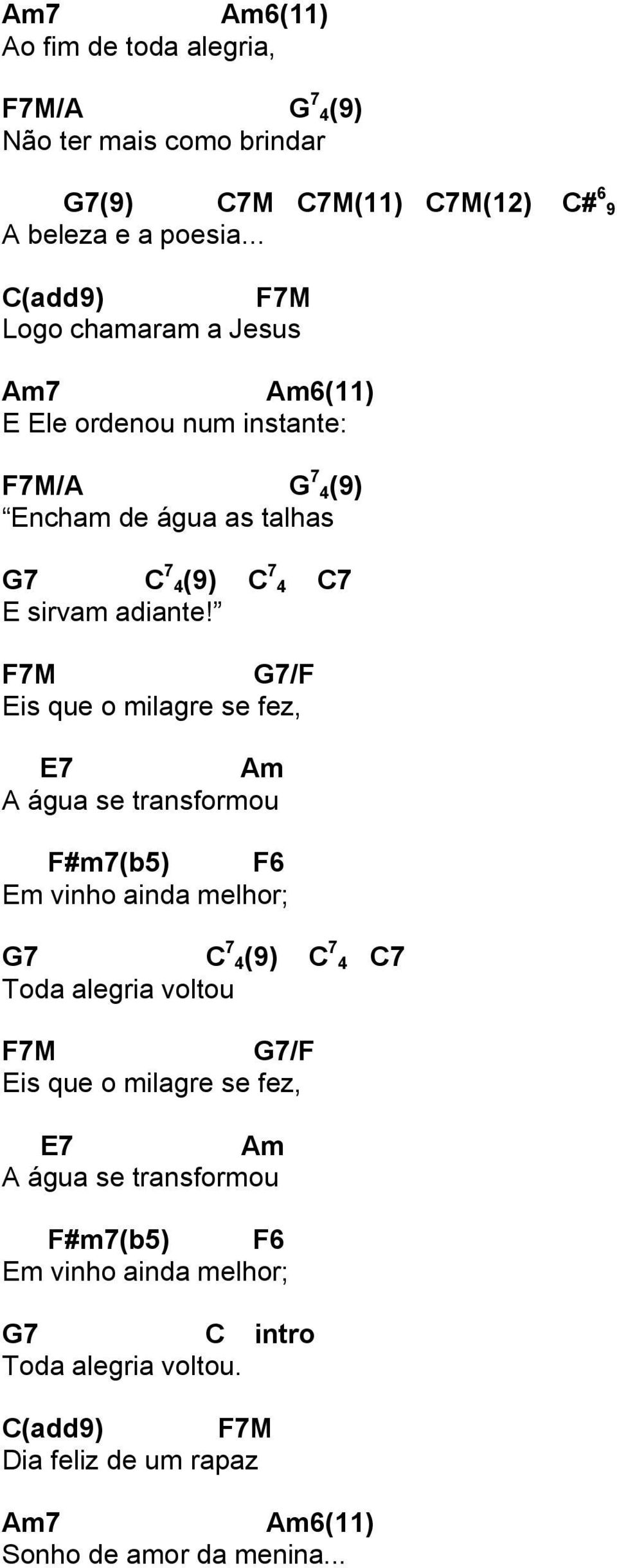 F7M G7/F Eis que o milagre se fez, E7 Am A água se transformou F#m7(b5) F6 Em vinho ainda melhor; G7 C 7 4(9) C 7 4 C7 Toda alegria voltou F7M G7/F Eis que