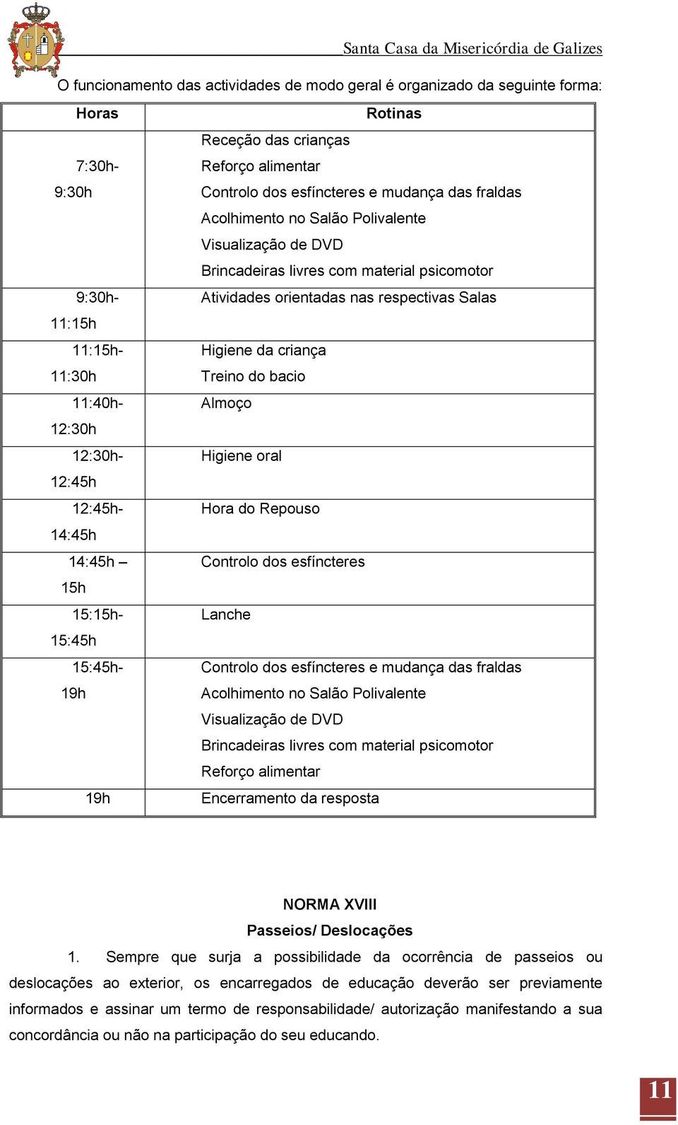 psicomotor Atividades orientadas nas respectivas Salas Higiene da criança Treino do bacio Almoço Higiene oral Hora do Repouso Controlo dos esfíncteres Lanche Controlo dos esfíncteres e mudança das