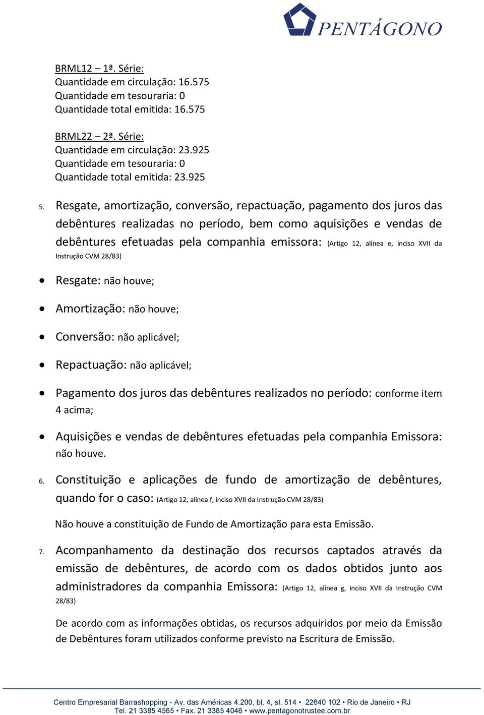 Resgate, amortização, conversão, repactuação, pagamento dos juros das debêntures realizadas no período, bem como aquisições e vendas de debêntures efetuadas pela companhia emissora: (Artigo 12,