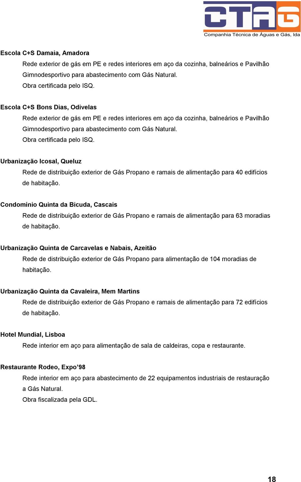 Urbanização Icosal, Queluz Rede de distribuição exterior de Gás Propano e ramais de alimentação para 40 edifícios de habitação.