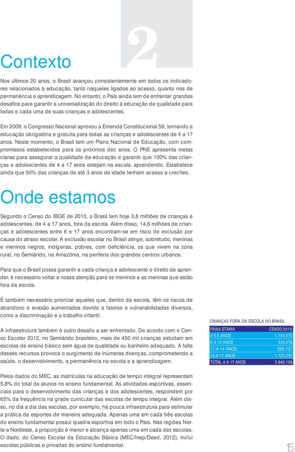 Em 2009, o Congresso Nacional aprovou a Emenda Constitucional 59, tornando a educação obrigatória e gratuita para todas as crianças e adolescentes de 4 a 17 anos.