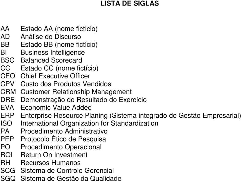 Value Added ERP Enterprise Resource Planing (Sistema integrado de Gestão Empresarial) ISO International Organization for Standardization PA Procedimento Administrativo