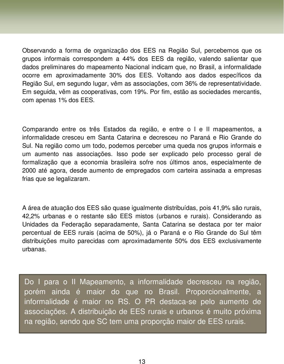 Em seguida, vêm as cooperativas, com 19%. Por fim, estão as sociedades mercantis, com apenas 1% dos EES.