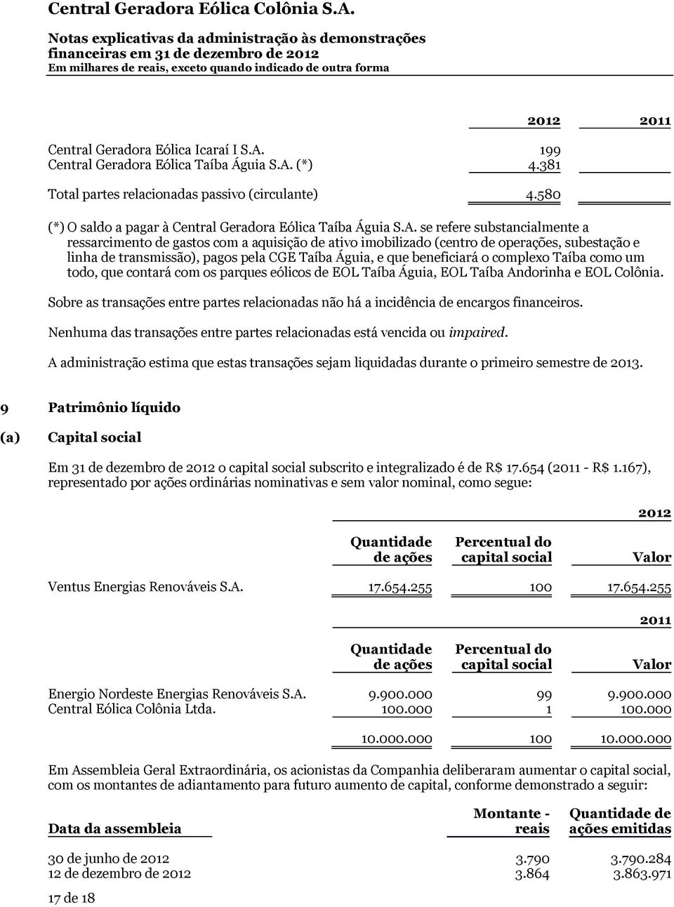 se refere substancialmente a ressarcimento de gastos com a aquisição de ativo imobilizado (centro de operações, subestação e linha de transmissão), pagos pela CGE Taíba Águia, e que beneficiará o