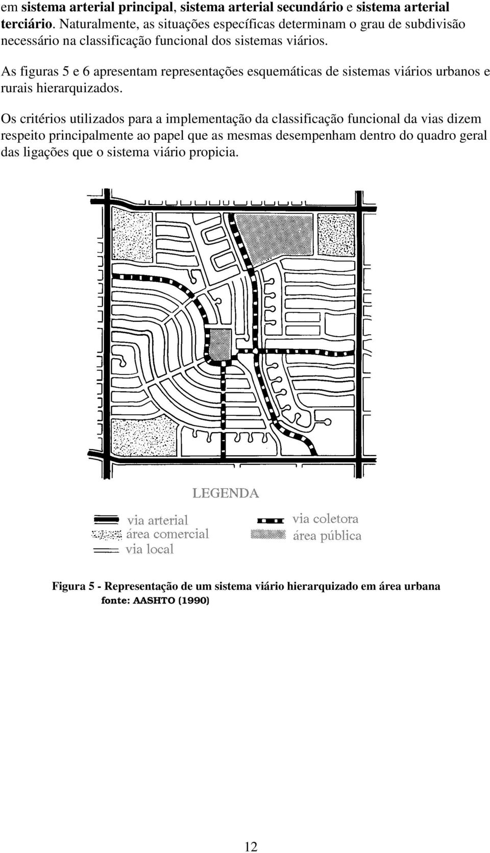 As figuras 5 e 6 apresentam representações esquemáticas de sistemas viários urbanos e rurais hierarquizados.