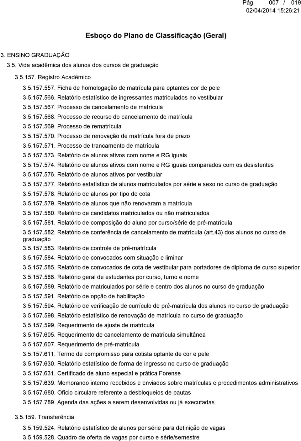 Processo de rematrícula 3.5.157.570. Processo de renovação de matrícula fora de prazo 3.5.157.571. Processo de trancamento de matrícula 3.5.157.573. Relatório de alunos ativos com nome e RG iguais 3.