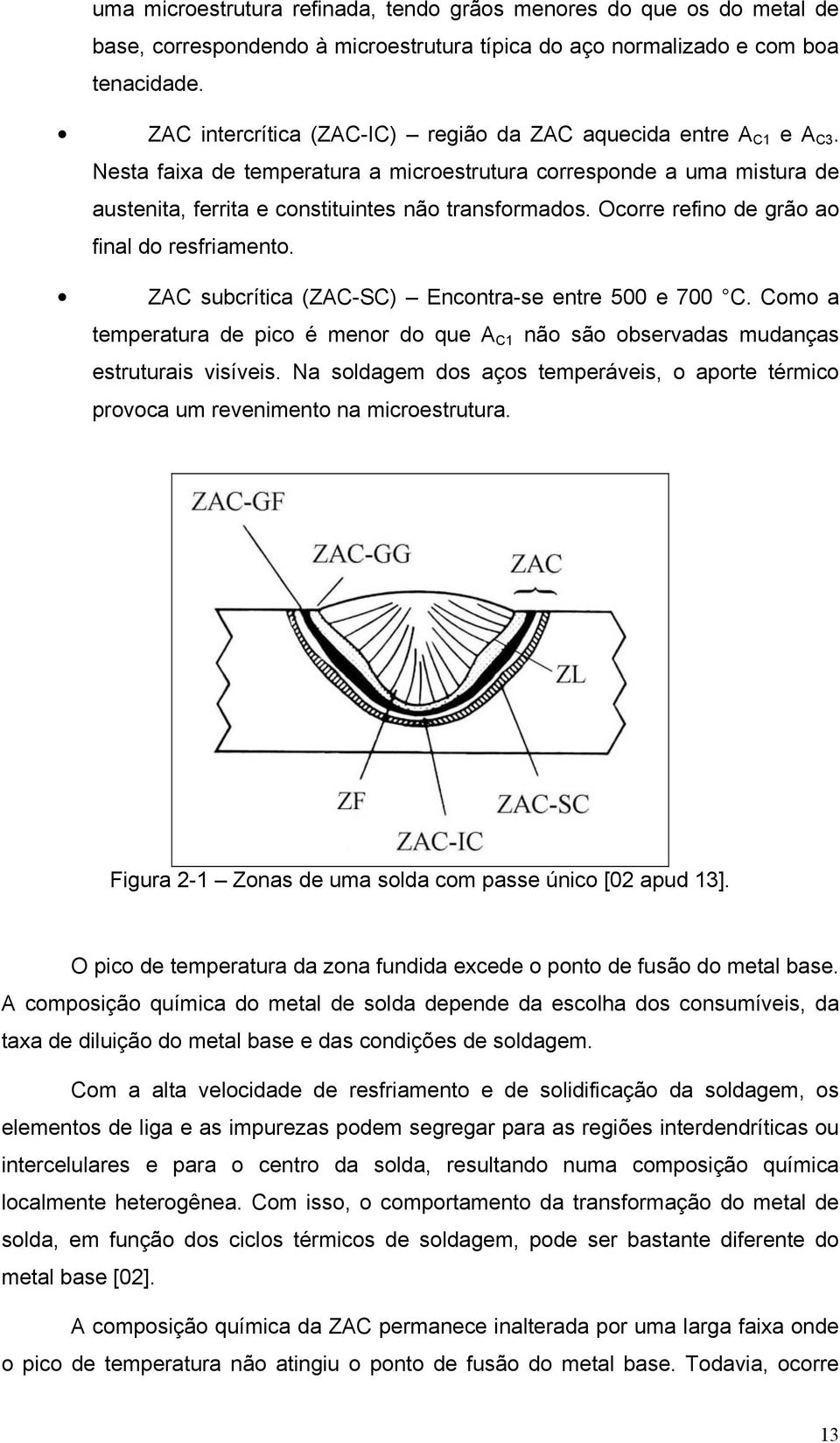 Ocorre refino grão ao final do resfriamento. ZAC subcrítica (ZAC-SC) Encontra-se entre 5 e 7 C. Como a temperatura pico é menor do que A C1 não são observas munças estruturais visíveis.