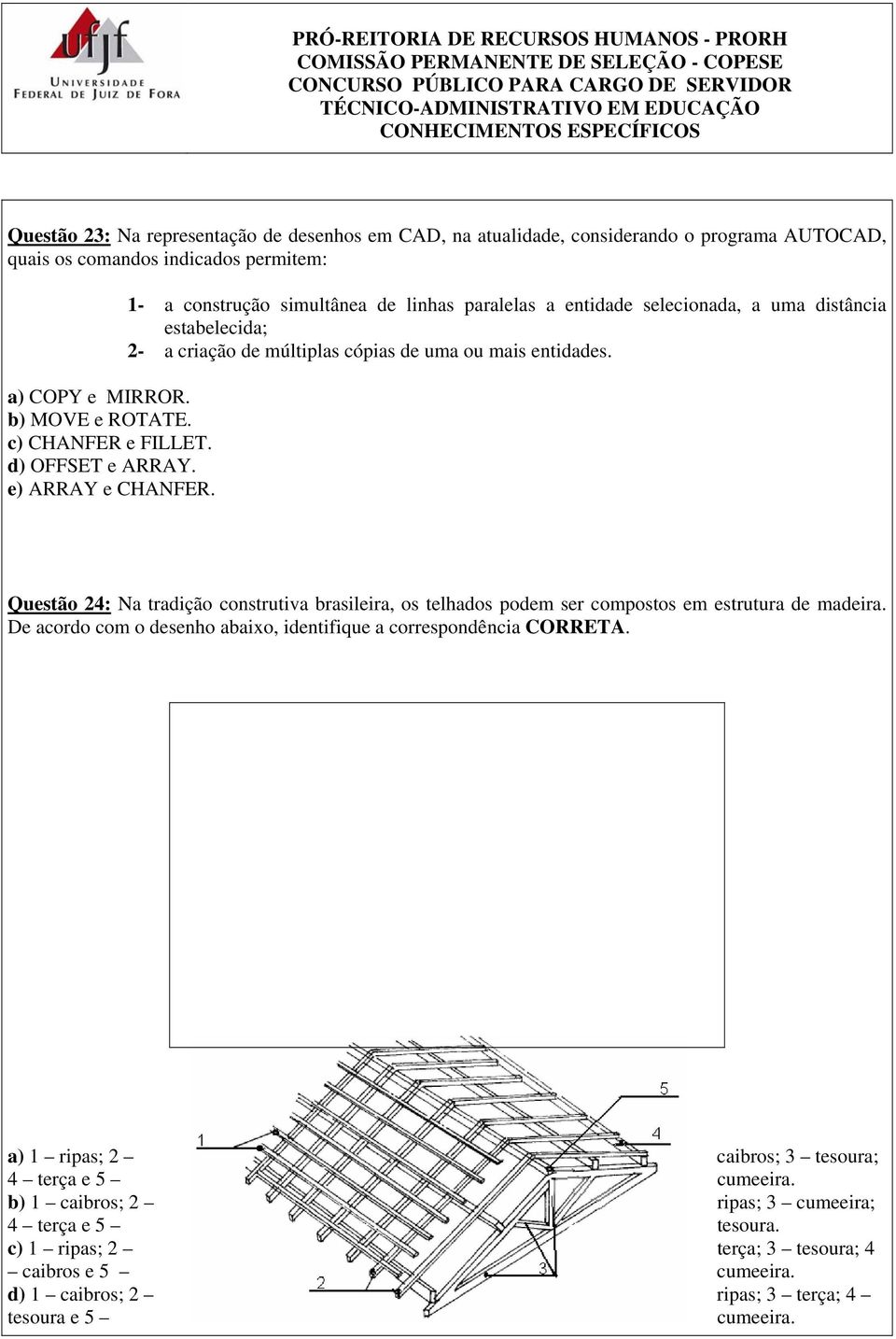 Questão 24: Na tradição construtiva brasileira, os telhados podem ser compostos em estrutura de madeira. De acordo com o desenho abaixo, identifique a correspondência CORRETA.