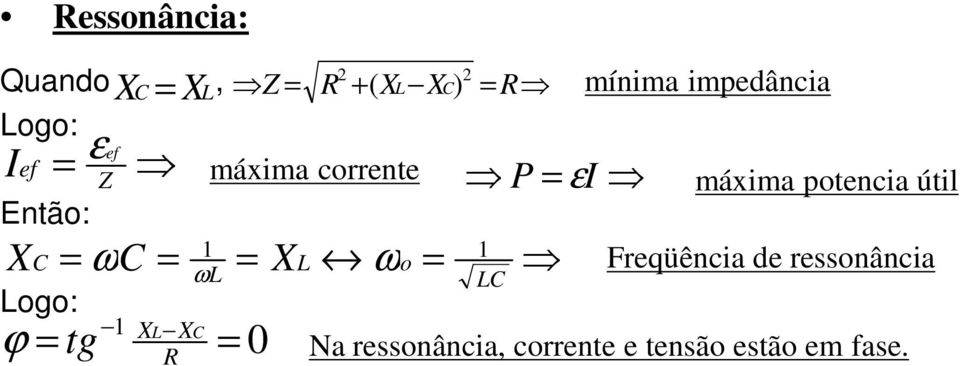 Freqüência de ressonância 1 ogo: 1 X X ϕ tg 0 Na